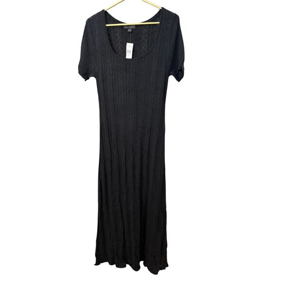 Ann Taylor Black Knit Midi Dress Scoop Neck Short Sleeve Lined Career Size L NWT - Picture 2 of 6